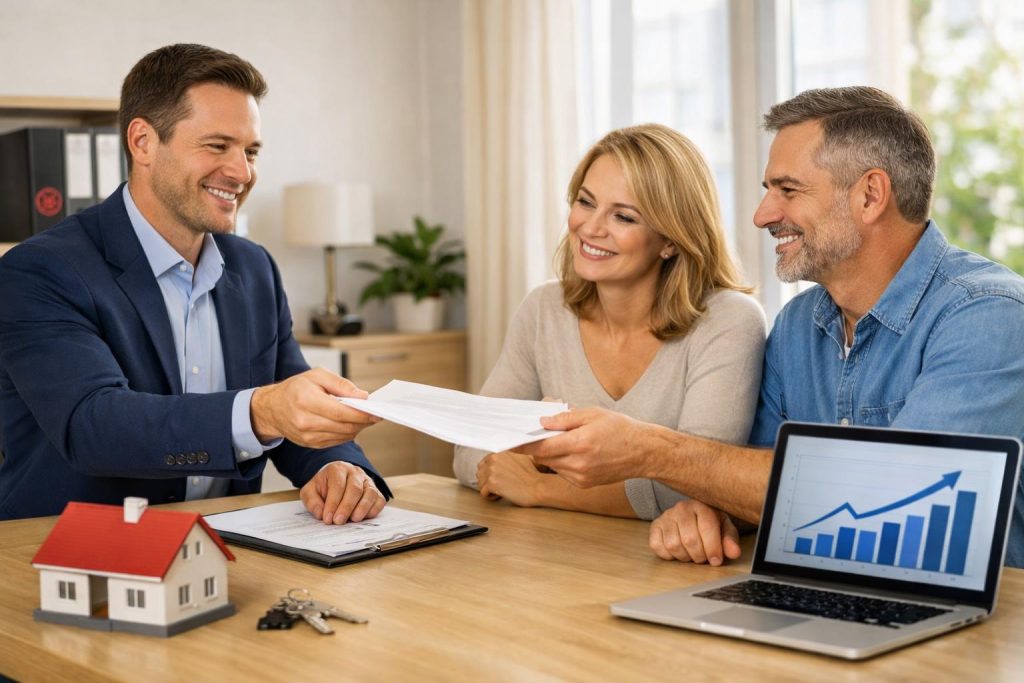 doradca finansowy wręcza dokumenty parze właścicieli mieszkania przy stole z laptopem i kluczami