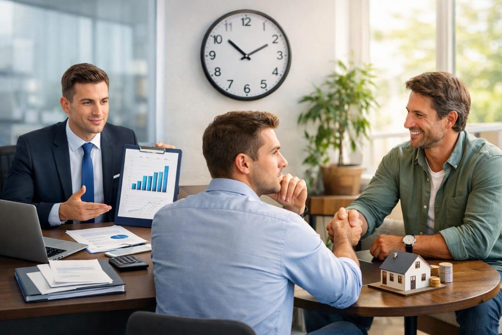 Klient w biurze wybiera między doradcą bankowym a inwestorem prywatnym