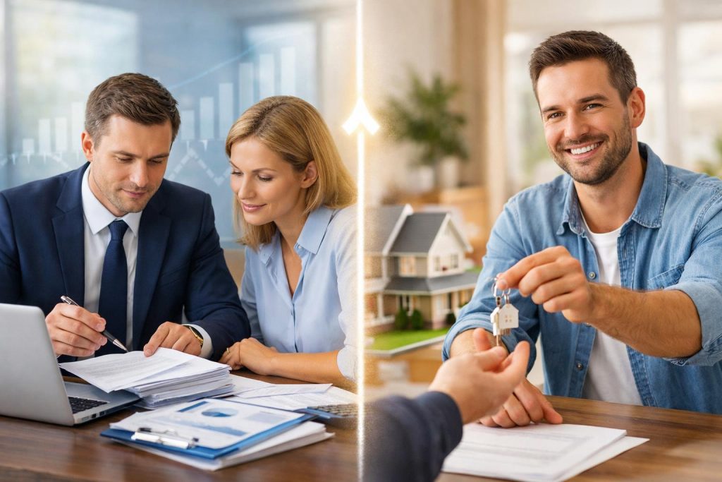 Doradca finansowy z klientem analizuje dokumenty po lewej, po prawej konsultant wręcza klucze lub gotówkę przy makiecie domu