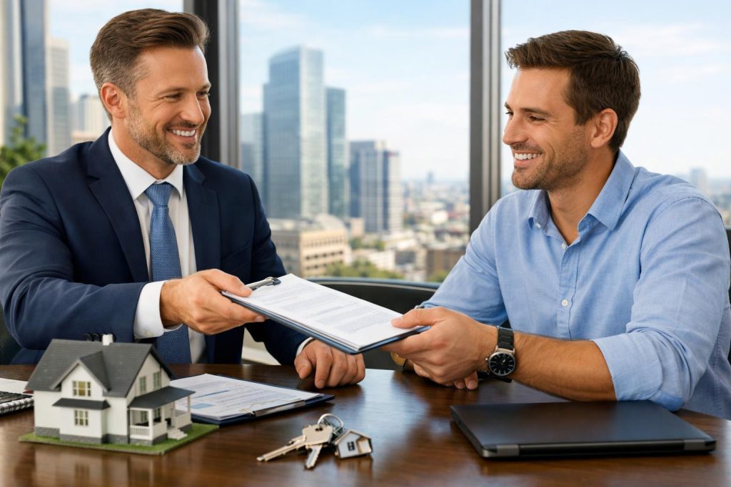 Doradca finansowy wręcza dokumenty klientowi w eleganckim biurze z modelem domu i kluczami na stole