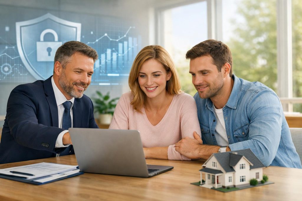 doradca finansowy i para klientów analizują dokumenty kredytowe przy laptopie w jasnym biurze z modelem domu i wykresami