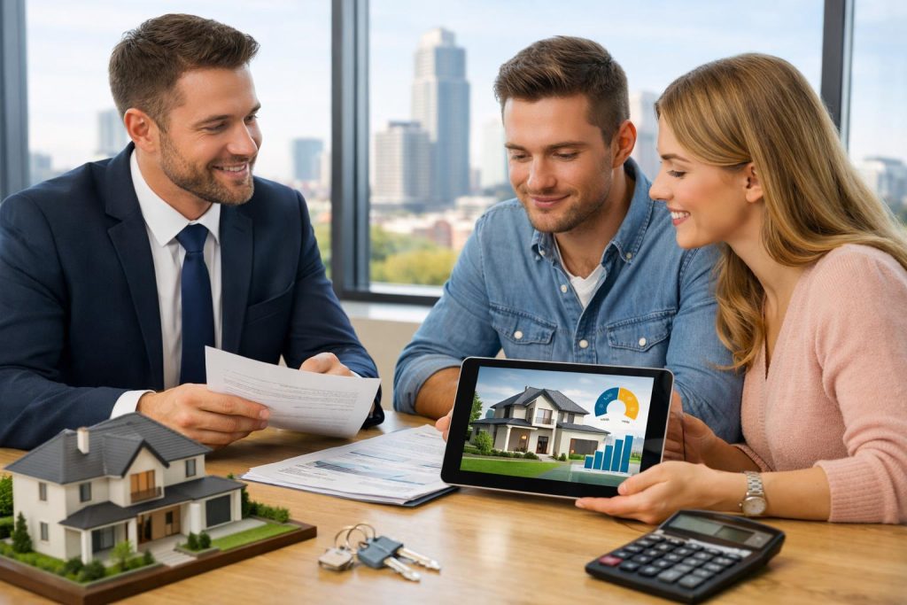 Doradca finansowy omawia pożyczkę hipoteczną z parą w jasnym biurze