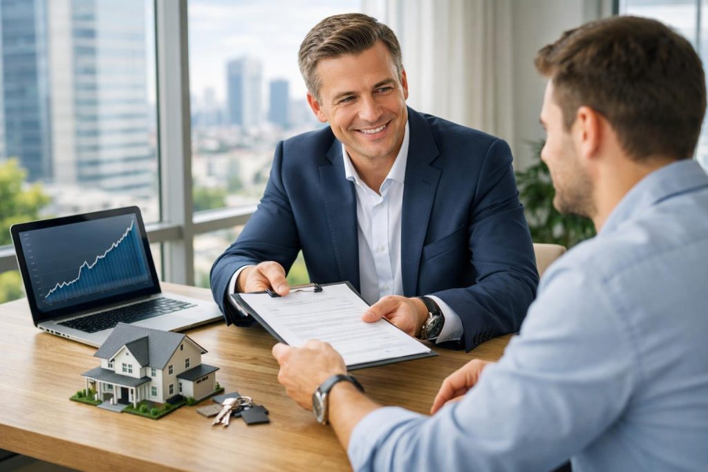 Doradca finansowy w jasnym biurze przekazuje dokument klientowi z modelem domu na stole