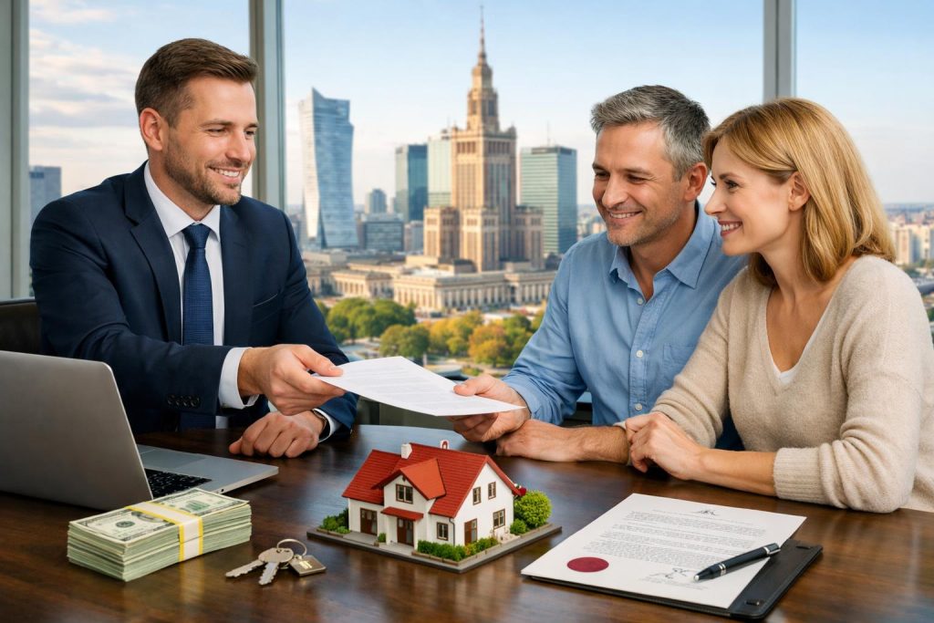 Doradca finansowy wręcza dokumenty parze w biurze z widokiem na Warszawę