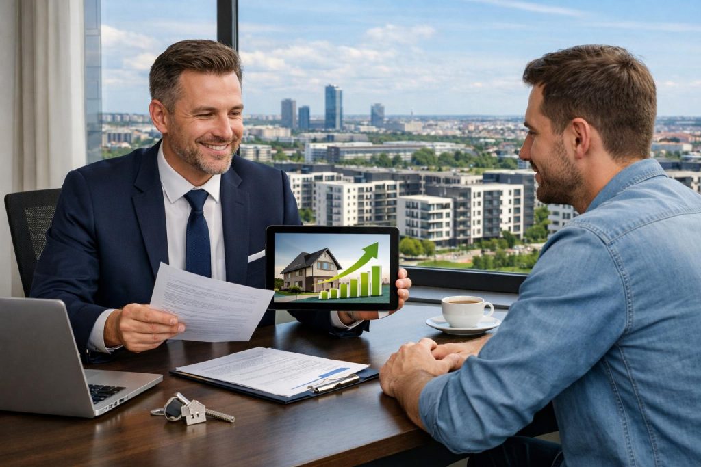 Doradca finansowy prezentuje klientowi dokumenty i wizualizację domu w biurze z panoramą Poznania