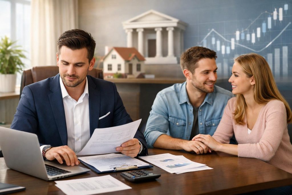 Nowoczesny doradca finansowy z laptopem omawia kredyty z młodym małżeństwem w eleganckim biurze