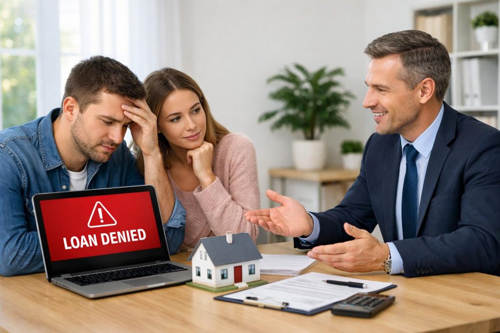 Młoda para z doradcą finansowym analizuje odmowę kredytu