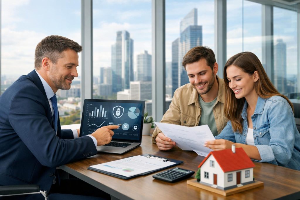 Doradca finansowy analizuje dane klientów młode małżeństwo przegląda dokumenty