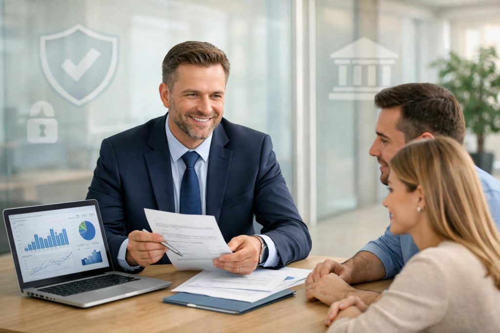Doradca finansowy omawia dokumenty z klientami w jasnym bankowym biurze