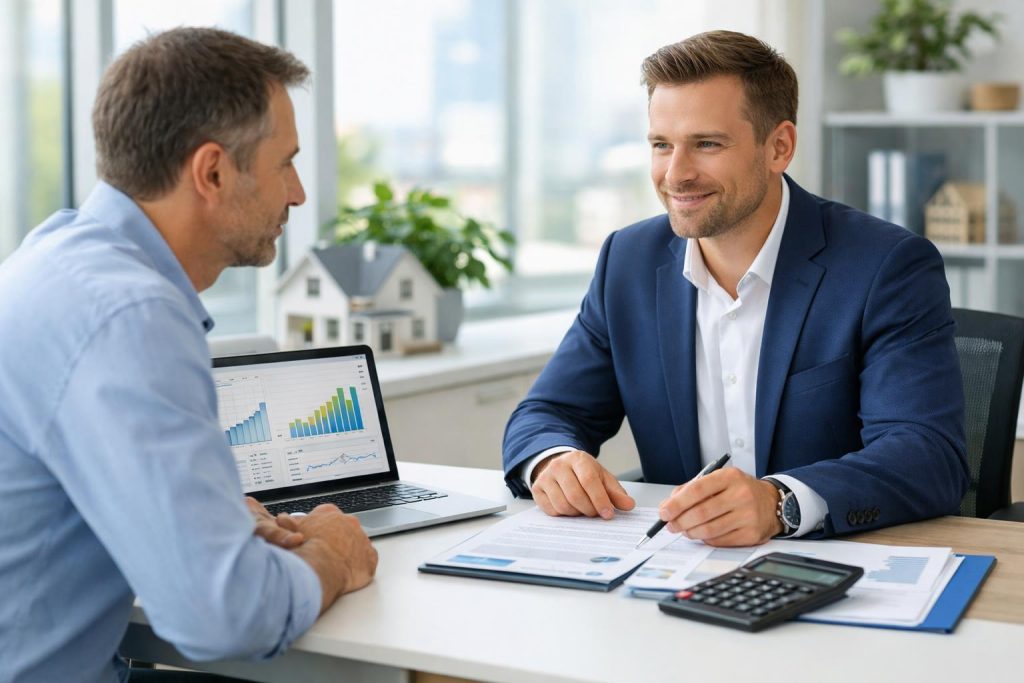 doradca finansowy i klient przy biurku w jasnym nowoczesnym banku