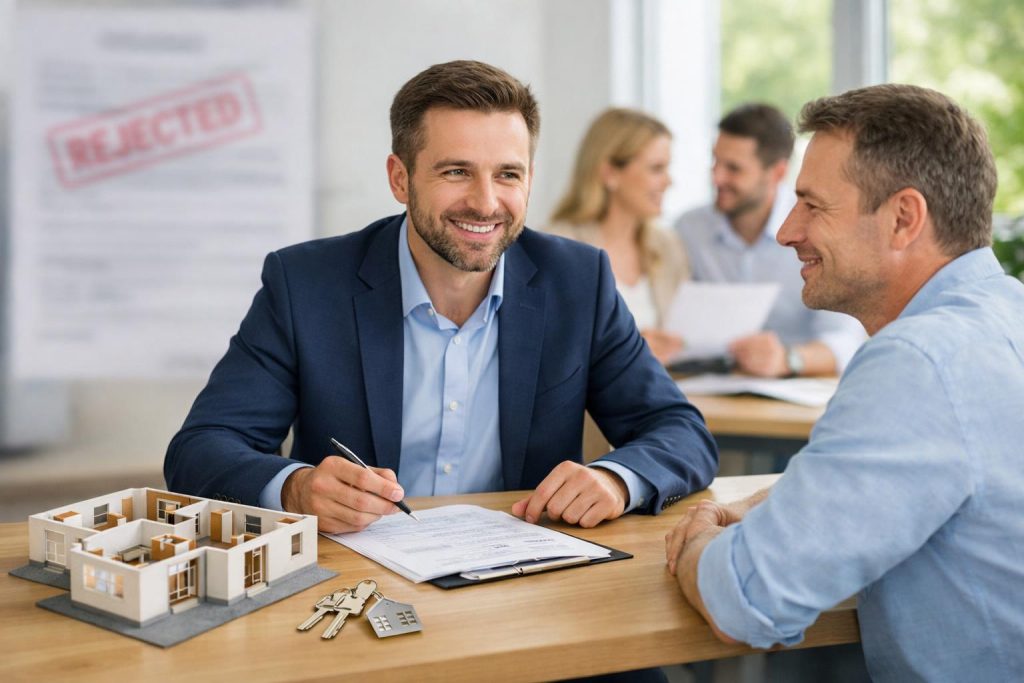 Uśmiechnięty doradca finansowy z klientem przy stole w jasnym biurze