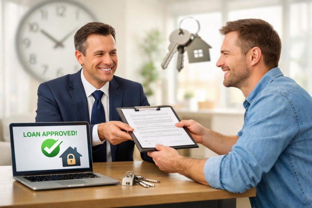 Doradca finansowy wręcza umowę właścicielowi mieszkania przy stole z laptopem i kluczami