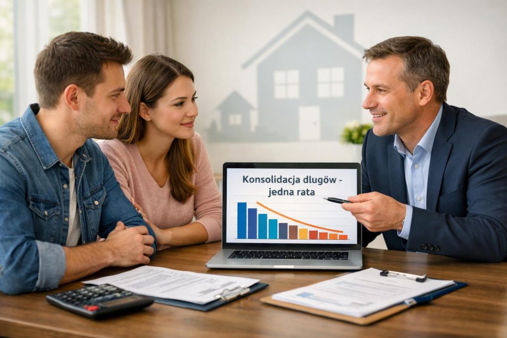 Młoda para przy biurku z doradcą finansowym omawia konsolidację długów