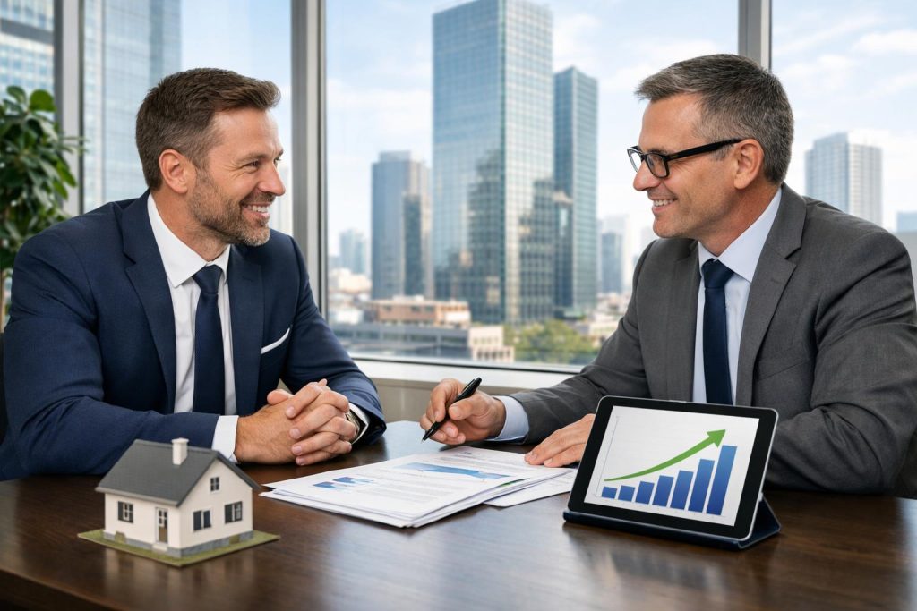 Przedsiębiorca przy stole z doradcą finansowym i dokumentami
