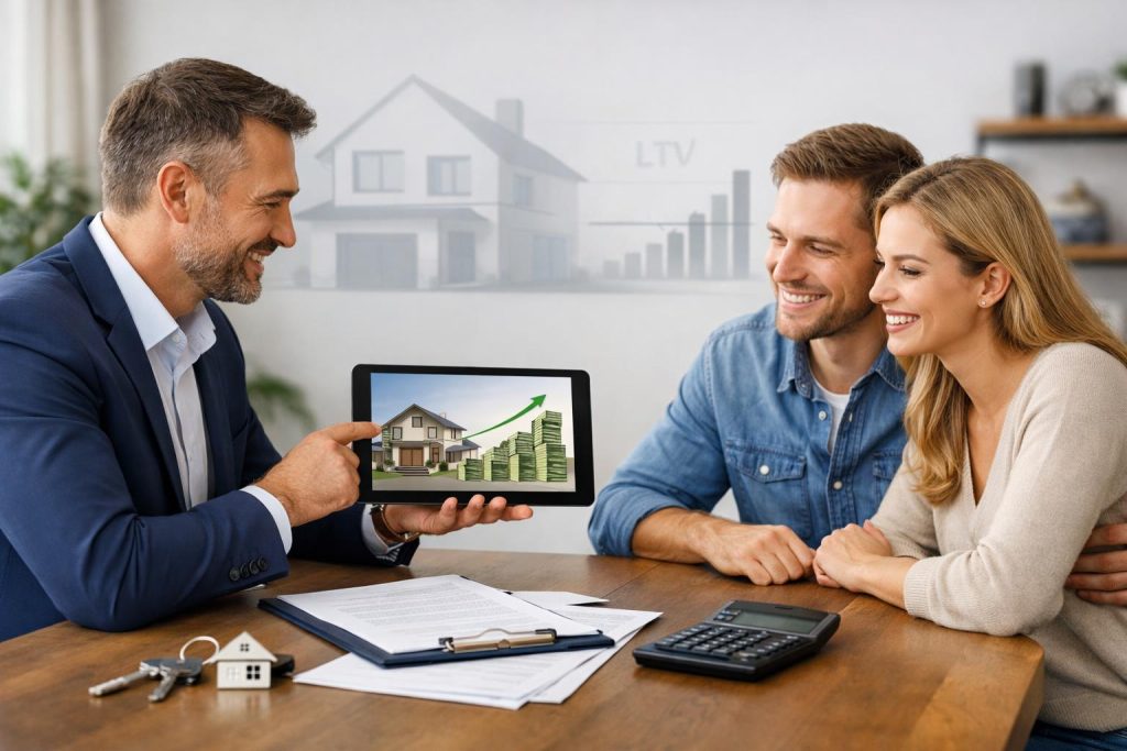 Doradca finansowy prezentuje klientom wizualizację domu i rosnące kwoty pieniędzy w eleganckim biurze