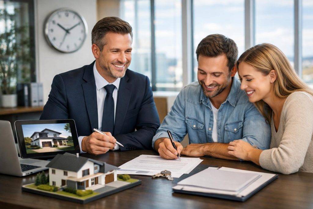 Elegancki doradca finansowy z klientami przy stole z dokumentami i makietą nieruchomości w jasnym biurze