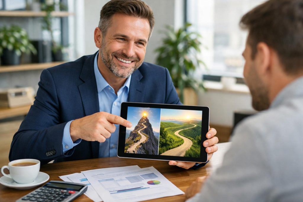 Doradca finansowy pokazuje klientowi ścieżki pożyczki na tablecie