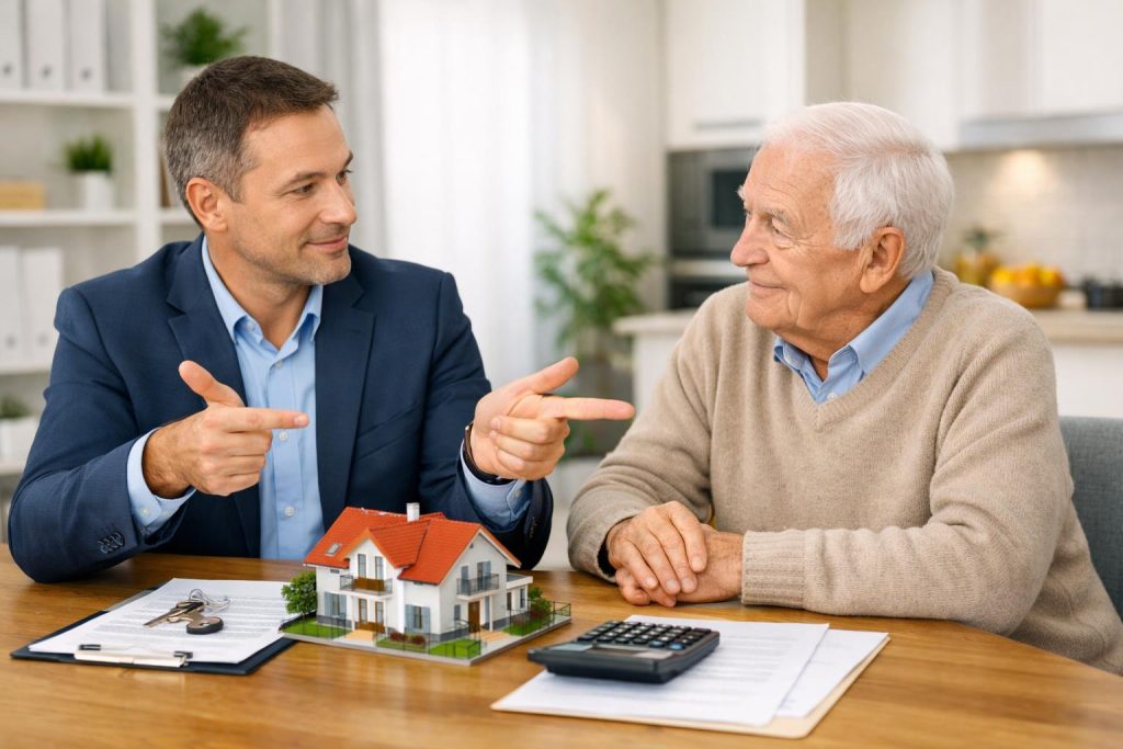 Ekspert finansowy tłumaczy seniorowi różnice między hipoteką a dożywociem przy stole
