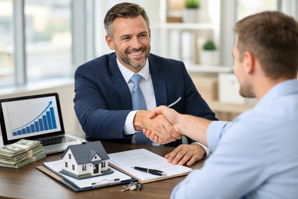 doradca finansowy i klient omawiają pożyczkę pod zastaw nieruchomości w biurze