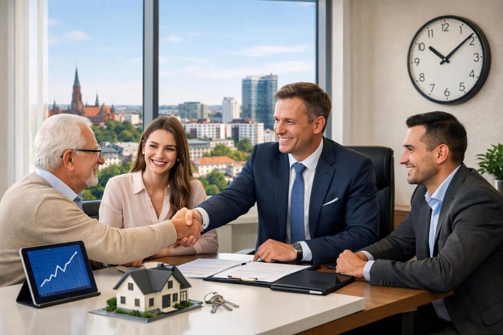 Doradca finansowy w jasnym biurze podaje rękę klientom przy stole z dokumentami