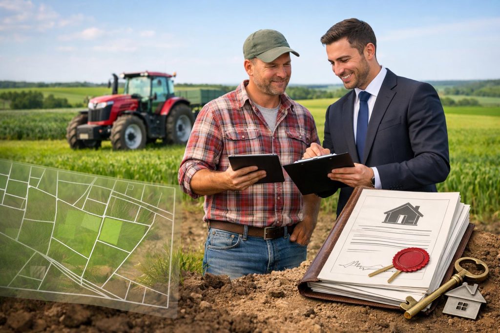 Rolnik z tabletem i doradca finansowy na polu uprawnym z dokumentami