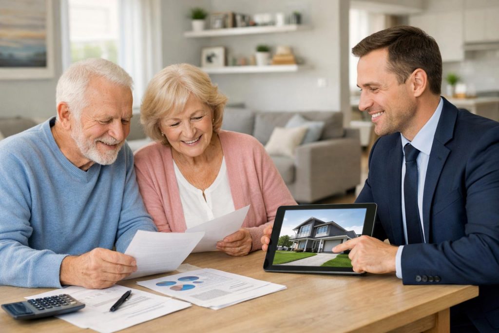 Starsza para seniorów z doradcą analizują dokumenty finansowe w salonie