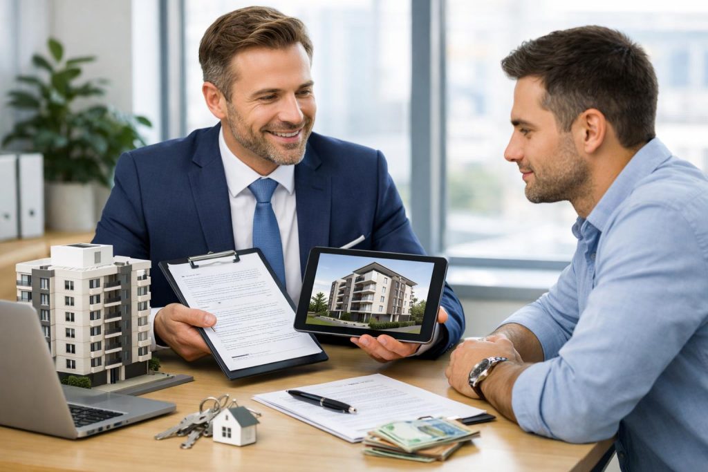 Doradca pokazuje klientowi dokumenty i tablet z wizualizacją mieszkania w jasnym biurze
