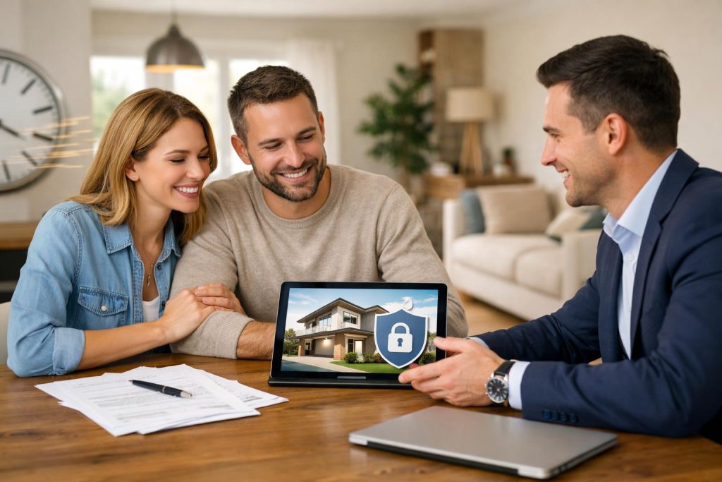 Uśmiechnięta para przy stole z doradcą finansowym omawia pożyczkę pod zastaw domu