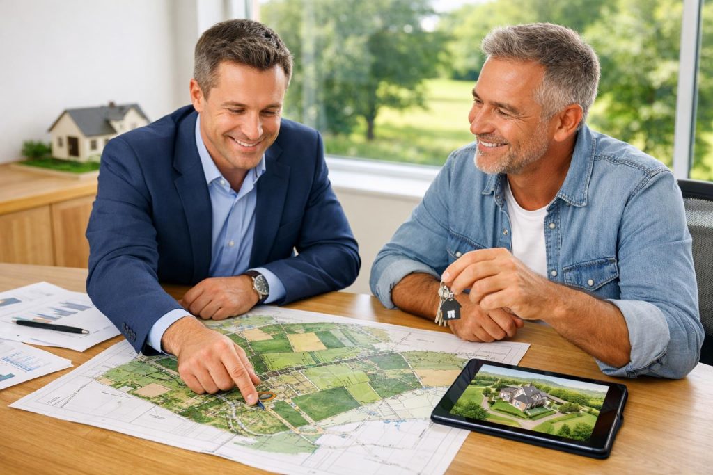 doradca finansowy i właściciel działki analizują mapę terenu w jasnym biurze
