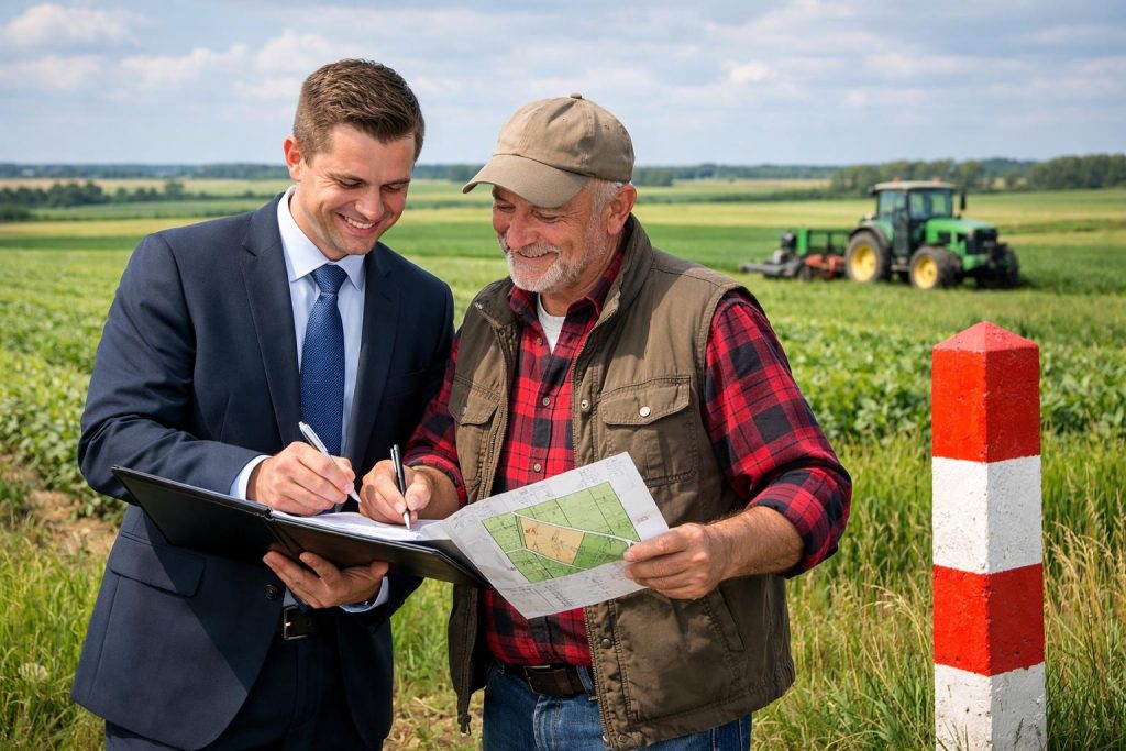 doradca i właściciel ziemi podpisują dokumenty na tle zielonych pól rolnych