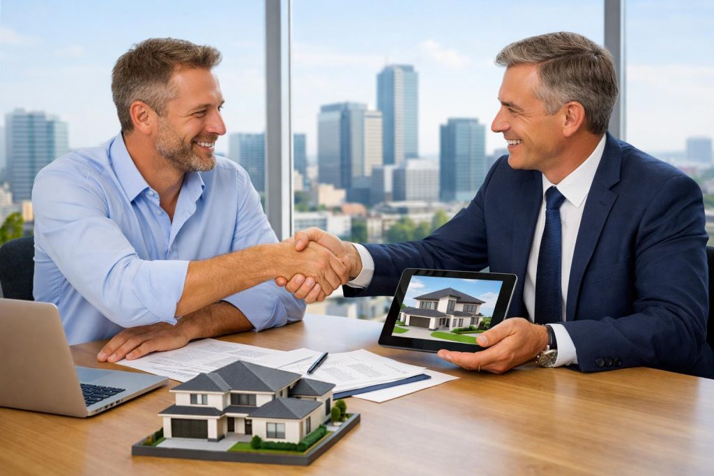 Przedsiębiorca i doradca finansowy analizują tablet z domem jako zabezpieczenie