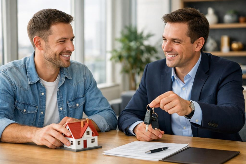 Doradca finansowy wskazuje na model domu obok klienta przy stole w biurze