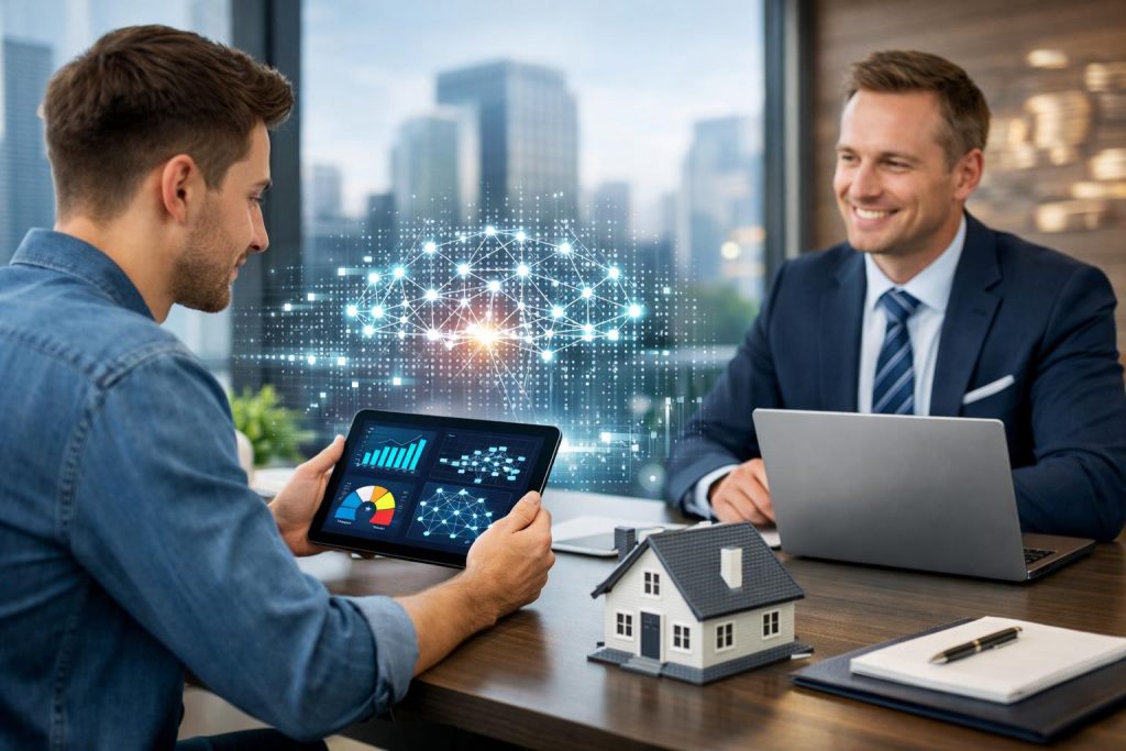 Młody klient i doradca bankowy analizują decyzję kredytową AI przy biurku w eleganckim biurze