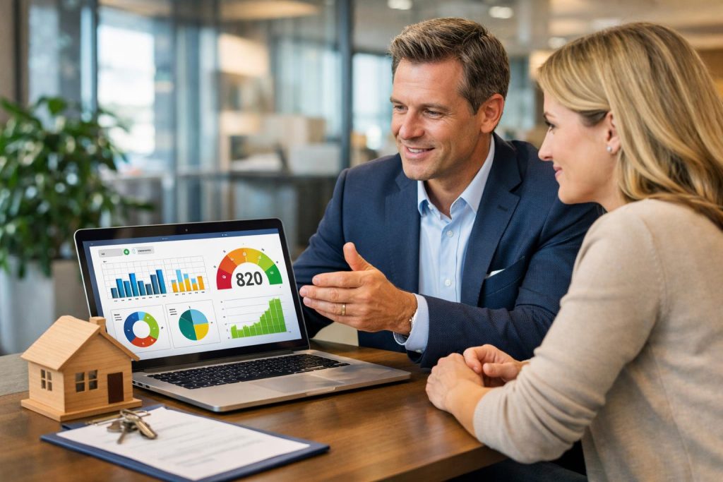 Doradca finansowy i klient analizują scoring AI oraz wykresy na laptopie przy biurku w banku