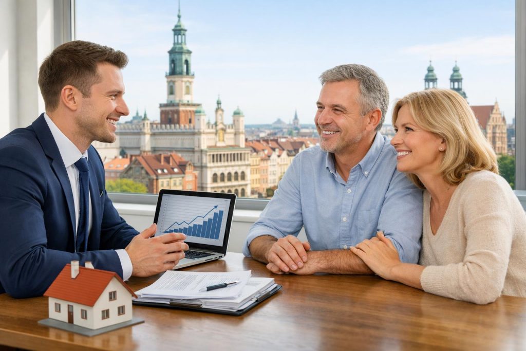 Elegancki doradca finansowy rozmawia z parą w jasnym biurze z widokiem na Poznań