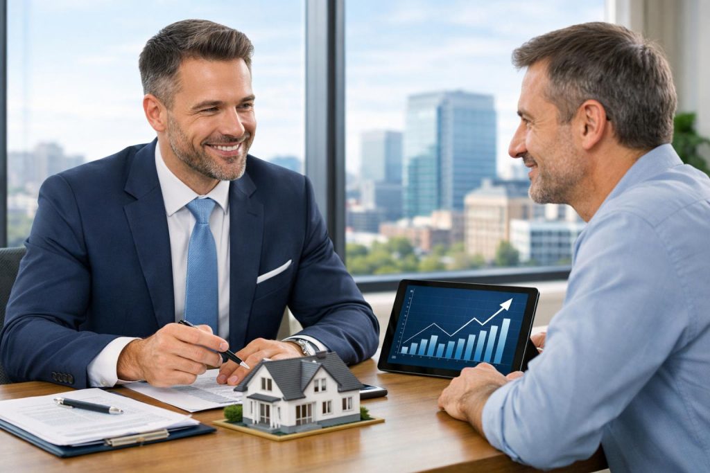 Doradca finansowy omawia pożyczkę pod zastaw nieruchomości z klientem w jasnym biurze