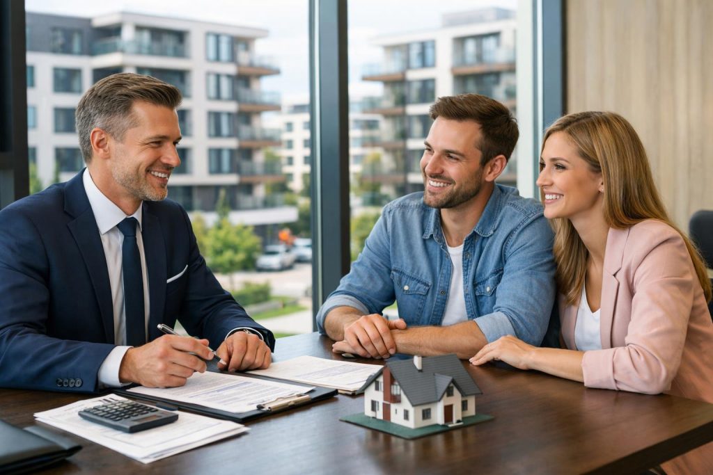 Doradca hipoteczny z parą klientów podczas konsultacji finansowej w Katowicach