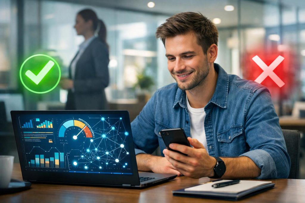 Młody klient przy biurku w banku z laptopem i interfejsem AI decyzji kredytowej