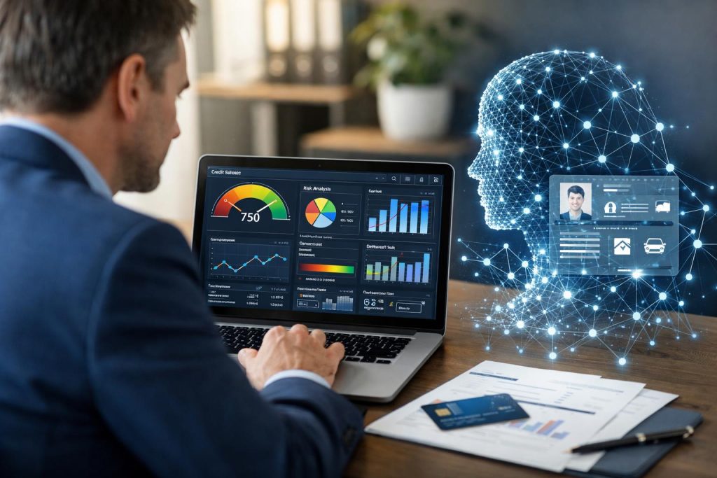 Dorosły klient w biurze analizuje wniosek kredytowy z AI na laptopie