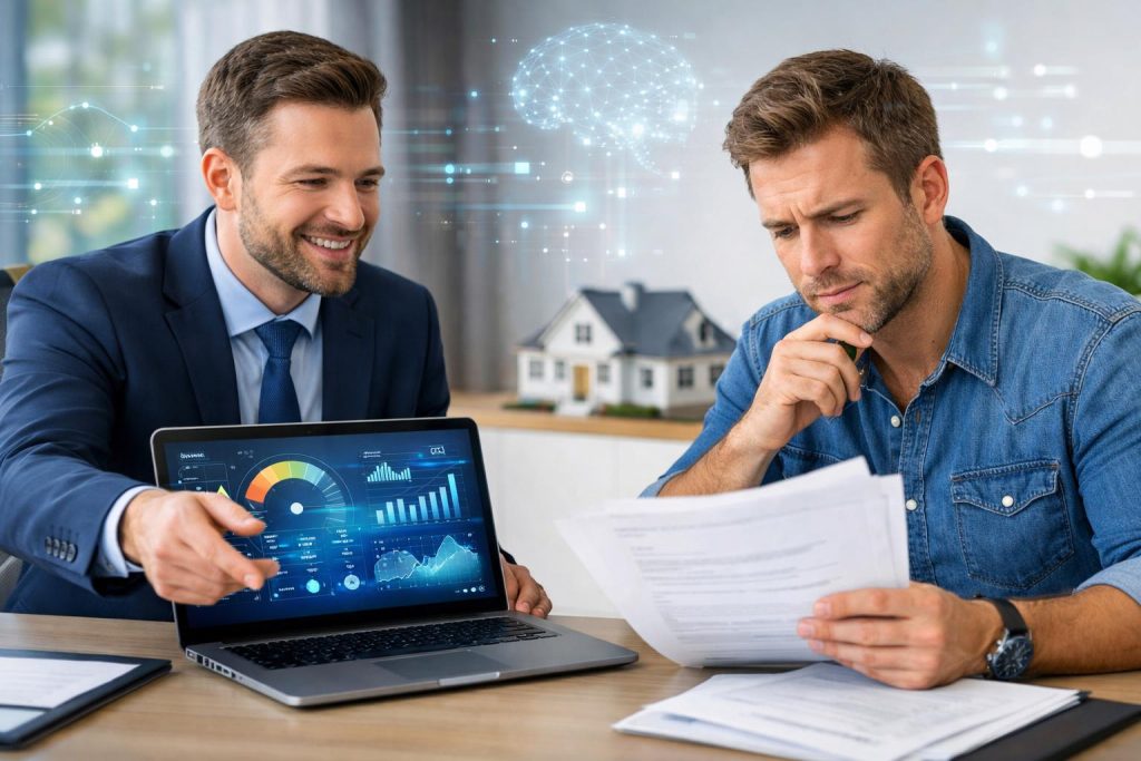 Doradca finansowy i klient przy biurku analizują decyzję kredytową AI