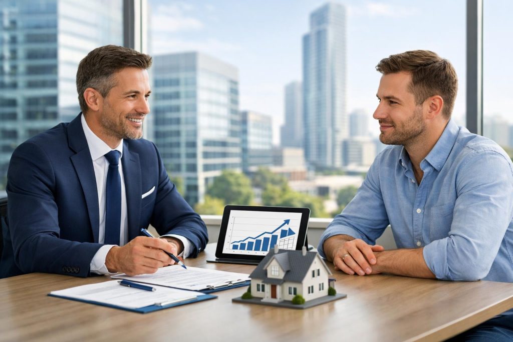 Doradca finansowy omawia pożyczkę pod hipotekę z klientem przy stole w biurze