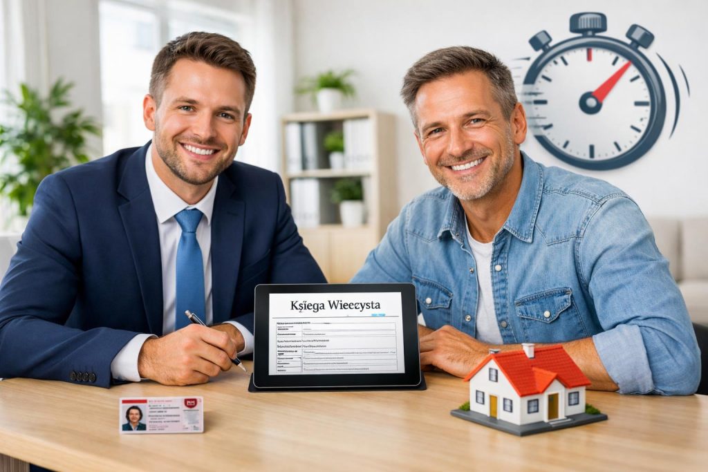 Uśmiechnięty doradca wręcza klientowi tablet z księgą wieczystą i modelem domu