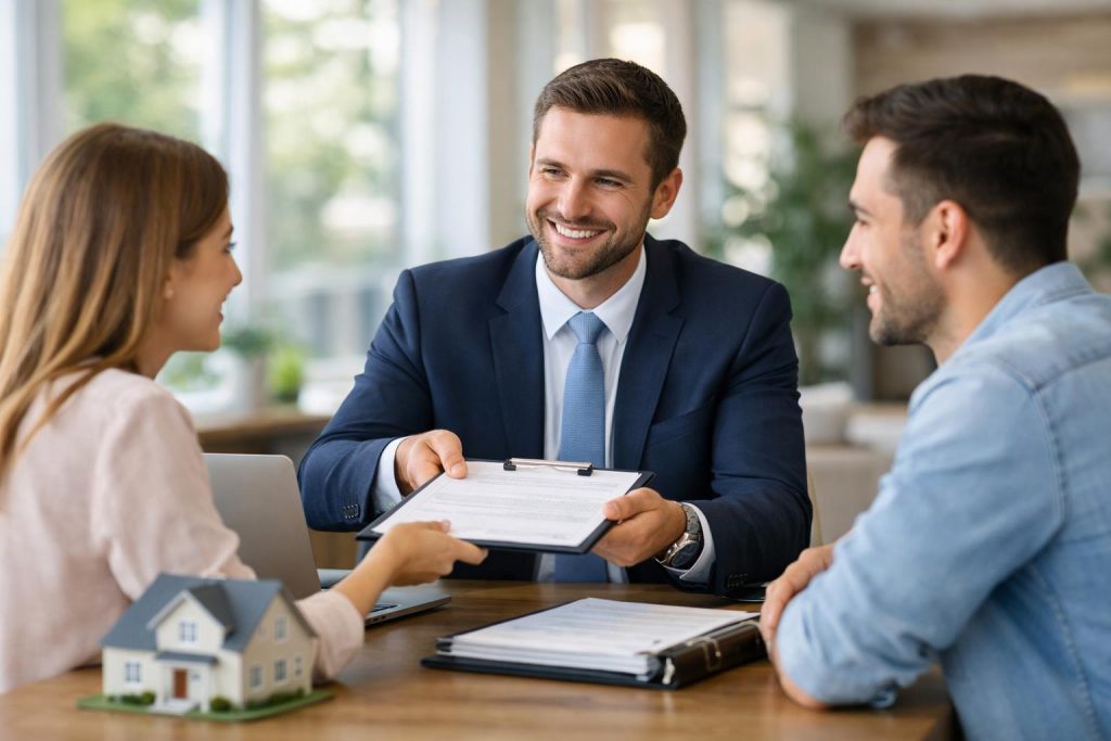 Uśmiechnięty doradca finansowy wręcza dokumenty parze klientów w jasnym nowoczesnym biurze