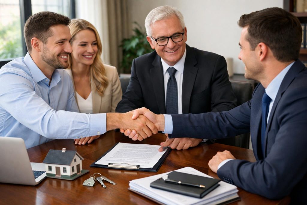 notariusz wskazuje akt notarialny obok kluczy i makiety domu