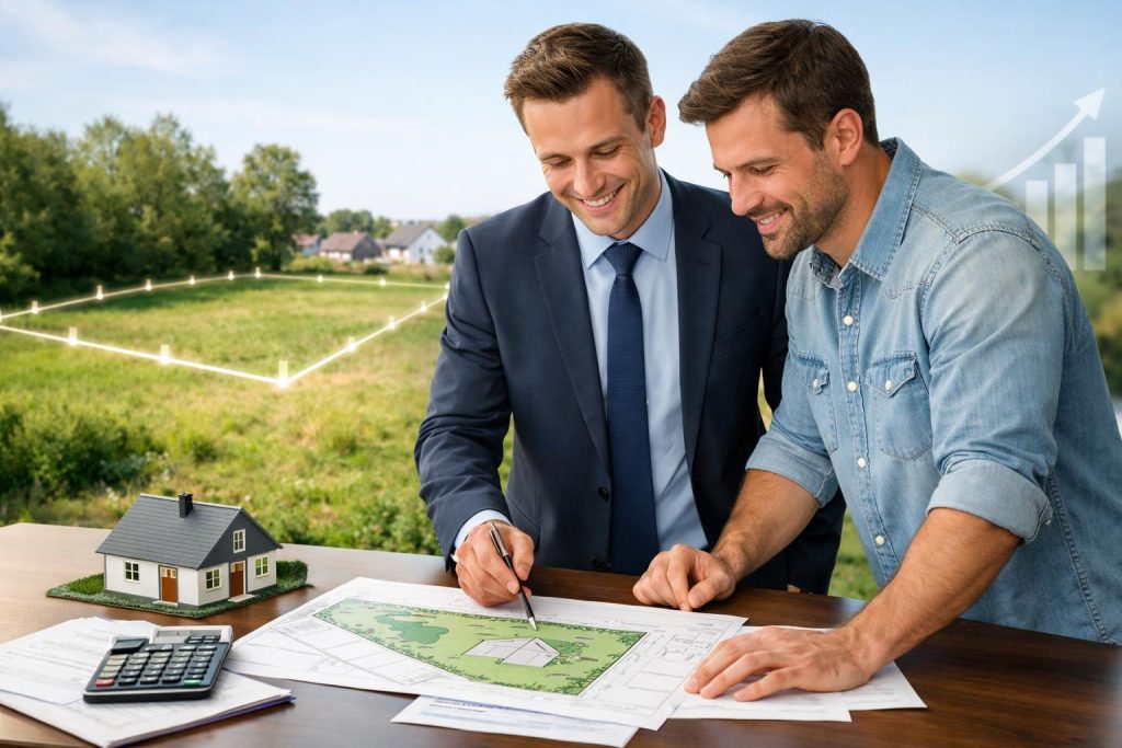 Doradca finansowy i klient omawiają finansowanie działki na tle planu działki i modelu domu