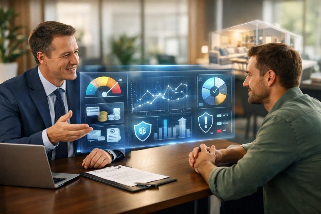 doradca i klient w banku hologram ai z analizą scoringu kredytowego