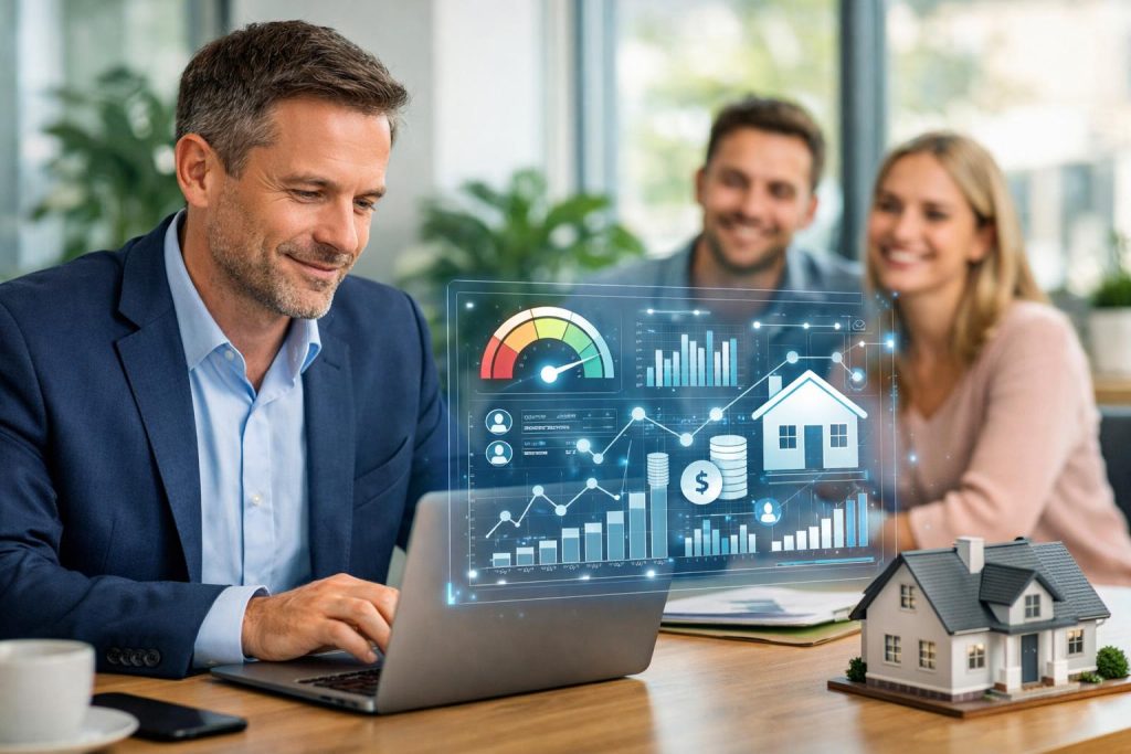 doradca finansowy korzysta z laptopa i analizuje hologram ai podczas rozmowy z klientem w nowoczesnym biurze