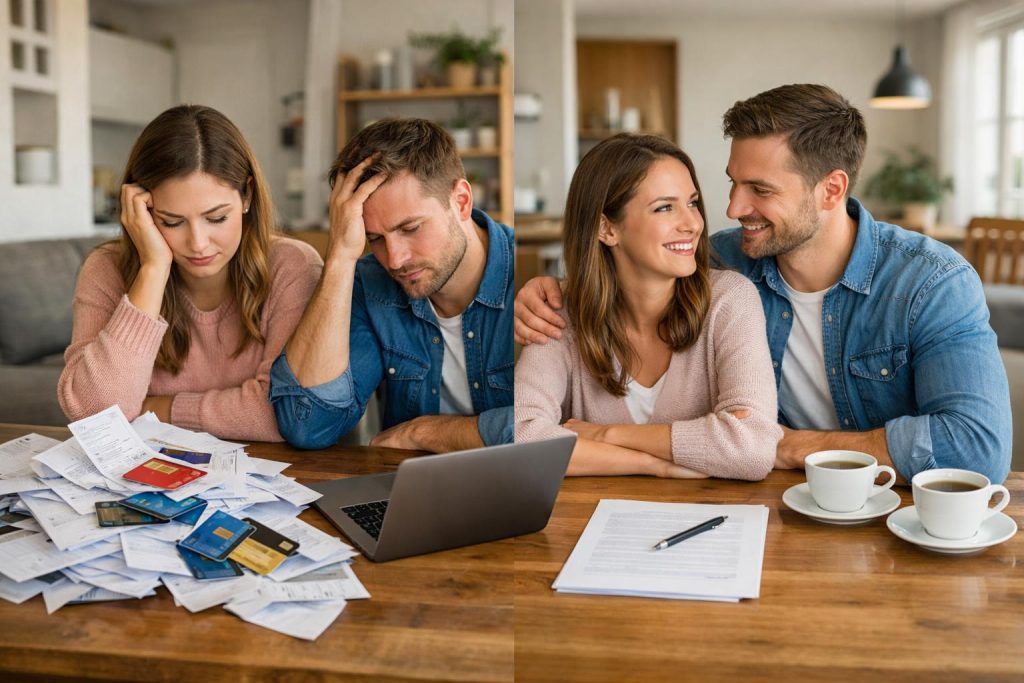 Młoda para przy stole analizuje dokumenty finansowe w mieszkaniu