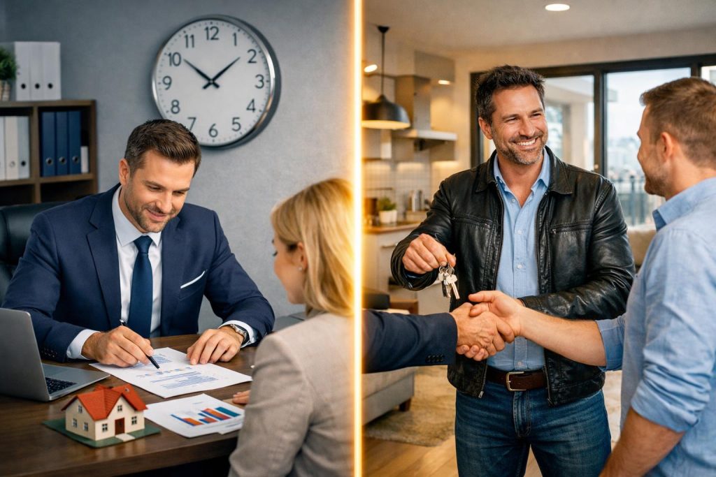 Doradca bankowy analizuje dokumenty a inwestor przekazuje klucze klientowi