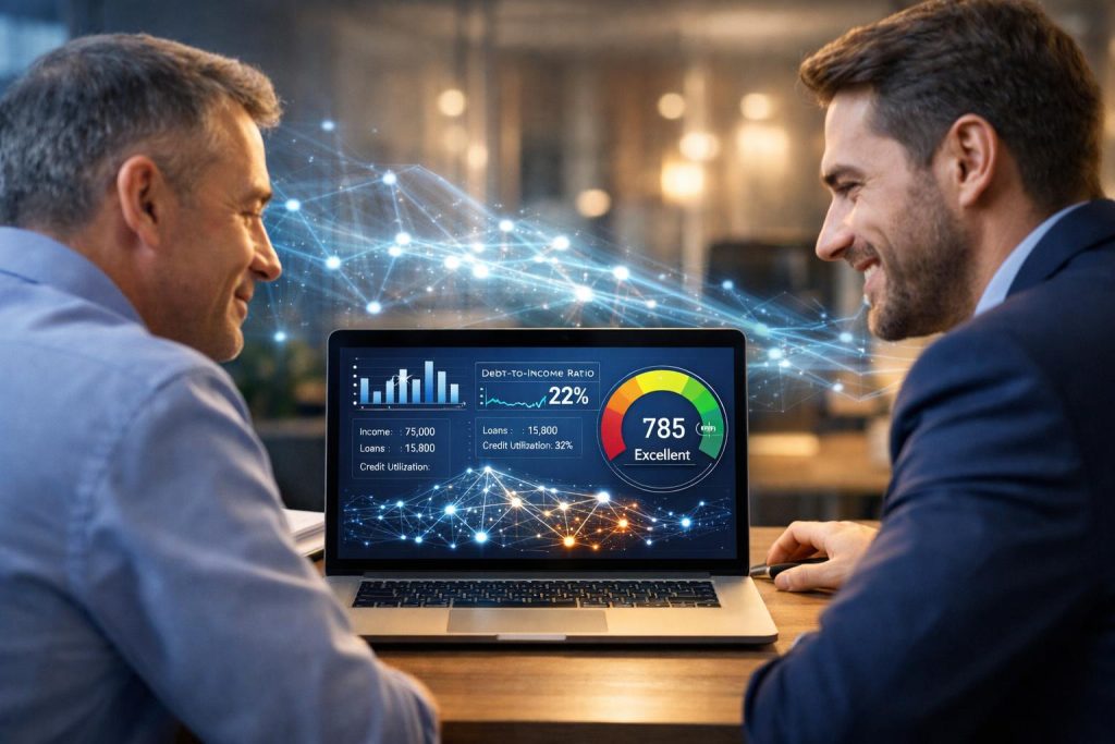 Doradca i klient analizują dane kredytowe na laptopie w nowoczesnym biurze z elementami sztucznej inteligencji
